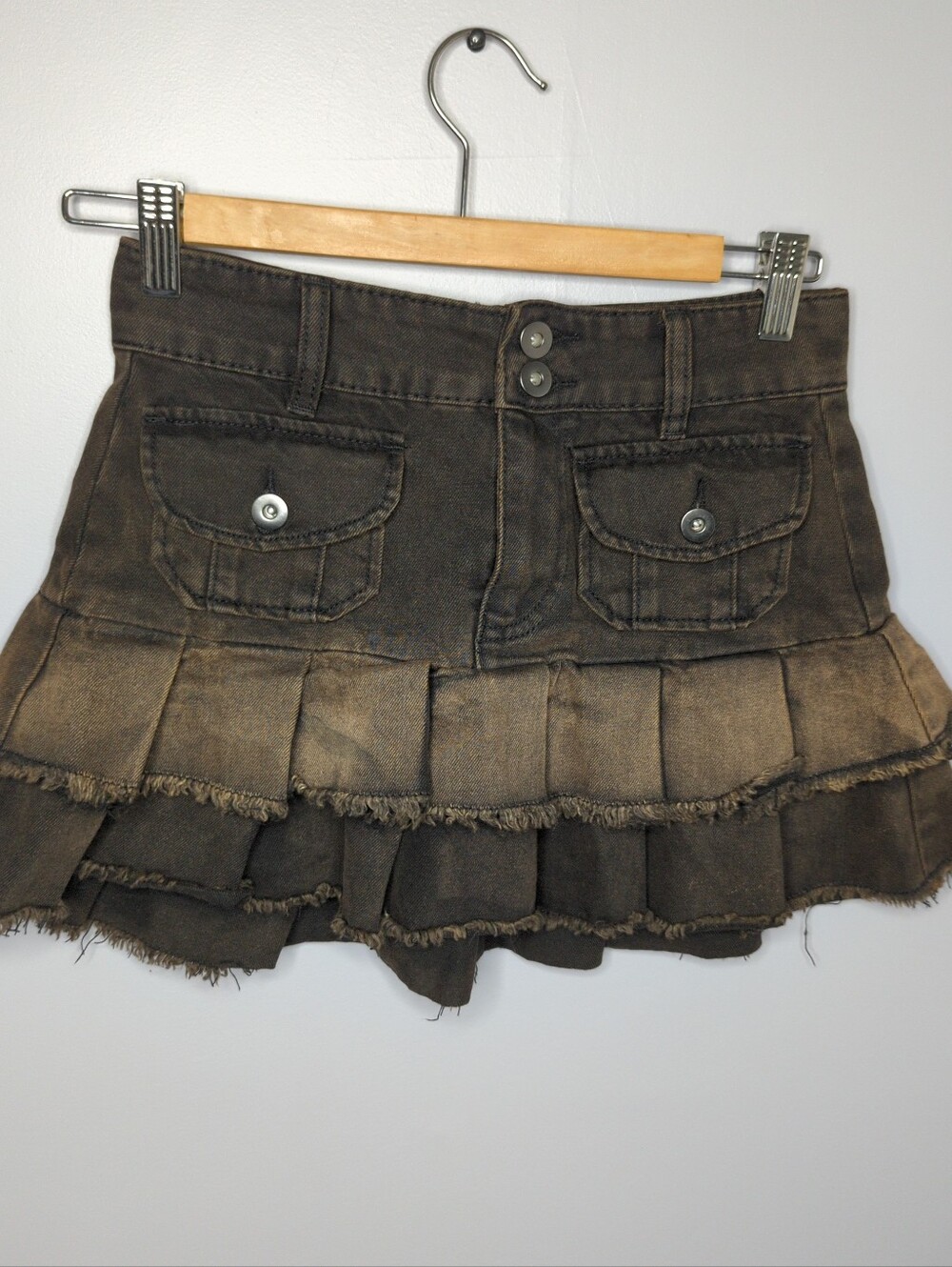 Cosmic Aura Hot Topic Brown Sand Wash Tiered Pleated Denim Y2K Mini Skirt XS